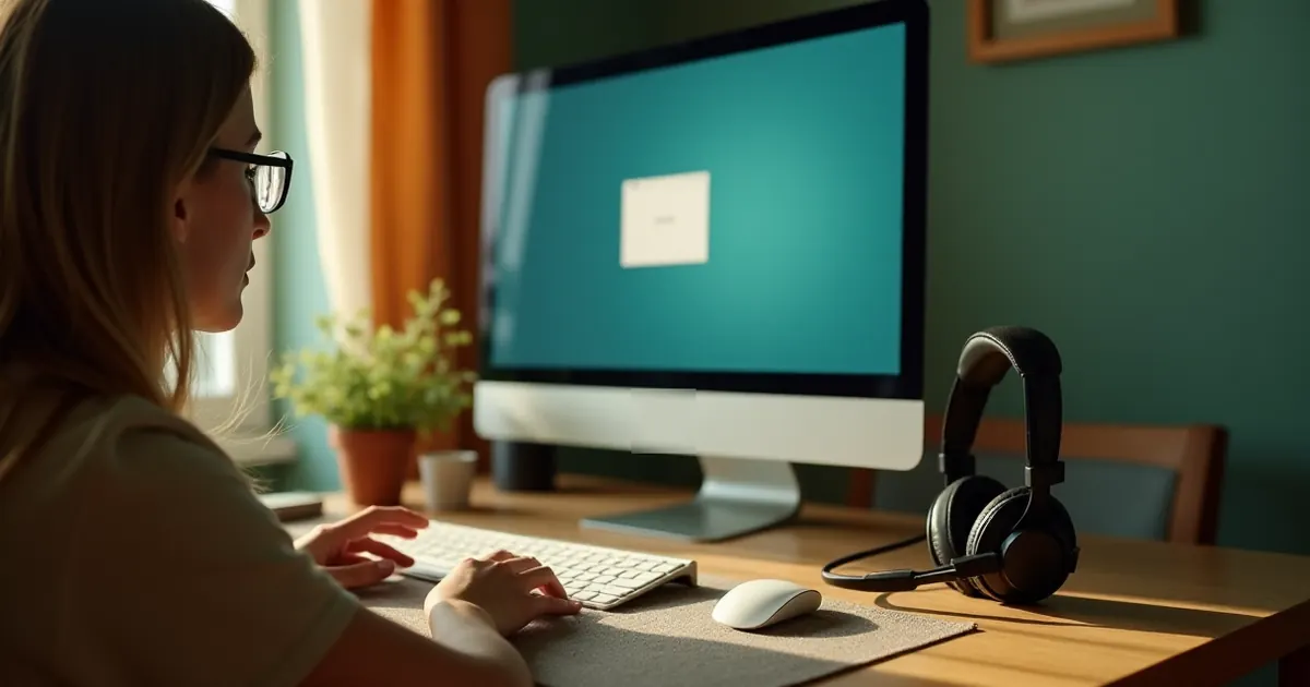 Escritorio en casa con un ordenador de sobremesa y unos auriculares con micrófono