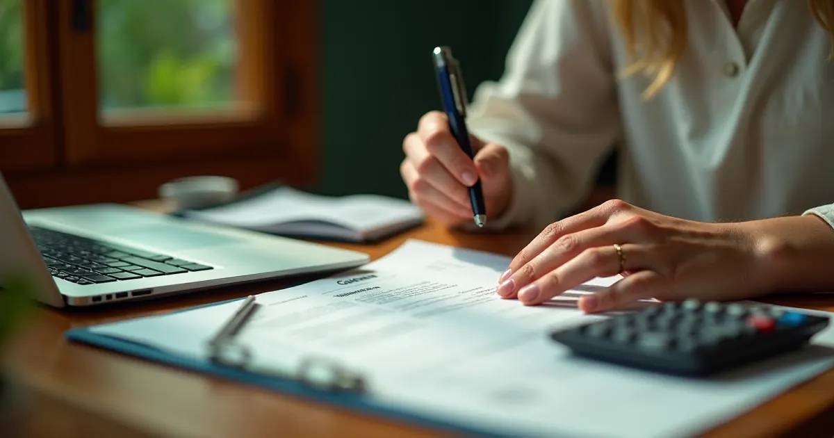 Manos firmando un contrato junto a un portátil y una calculadora