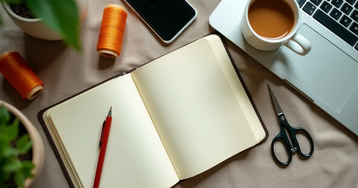 Cuaderno, portátil y carretes de hilo de colores sobre un mantel de lino