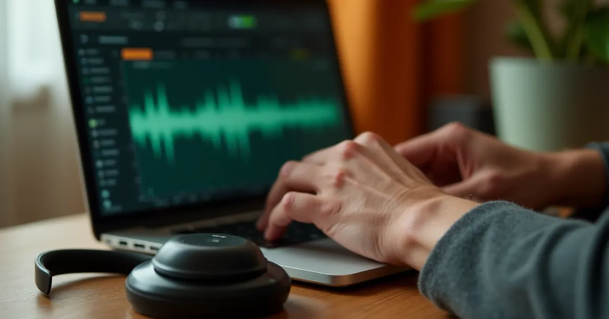 Manos escribiendo en un portátil con unos auriculares al lado
